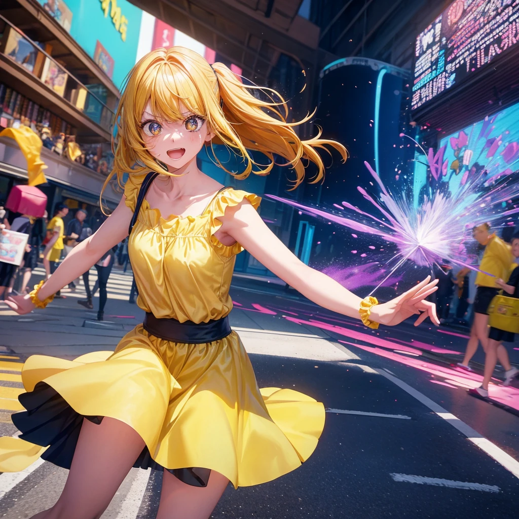 Create an anime-style image of a clumsy and naturally awkward girl with bright yellow hair. She should be wearing a cute, casual yellow outfit, such as a dress or a top with a skirt. Depict her in a moment where she is tripping or stumbling, showing a panicked and embarrassed expression. Her hair is styled in a playful, slightly messy fashion. The background should be lively and fun, with bright colors and dynamic elements that emphasize her clumsiness. Add small, amusing details around her, like scattered items she has knocked over, to enhance the playful and whimsical atmosphere. Make sure the overall image is vibrant and engaging, suitable for use as a thumbnail.