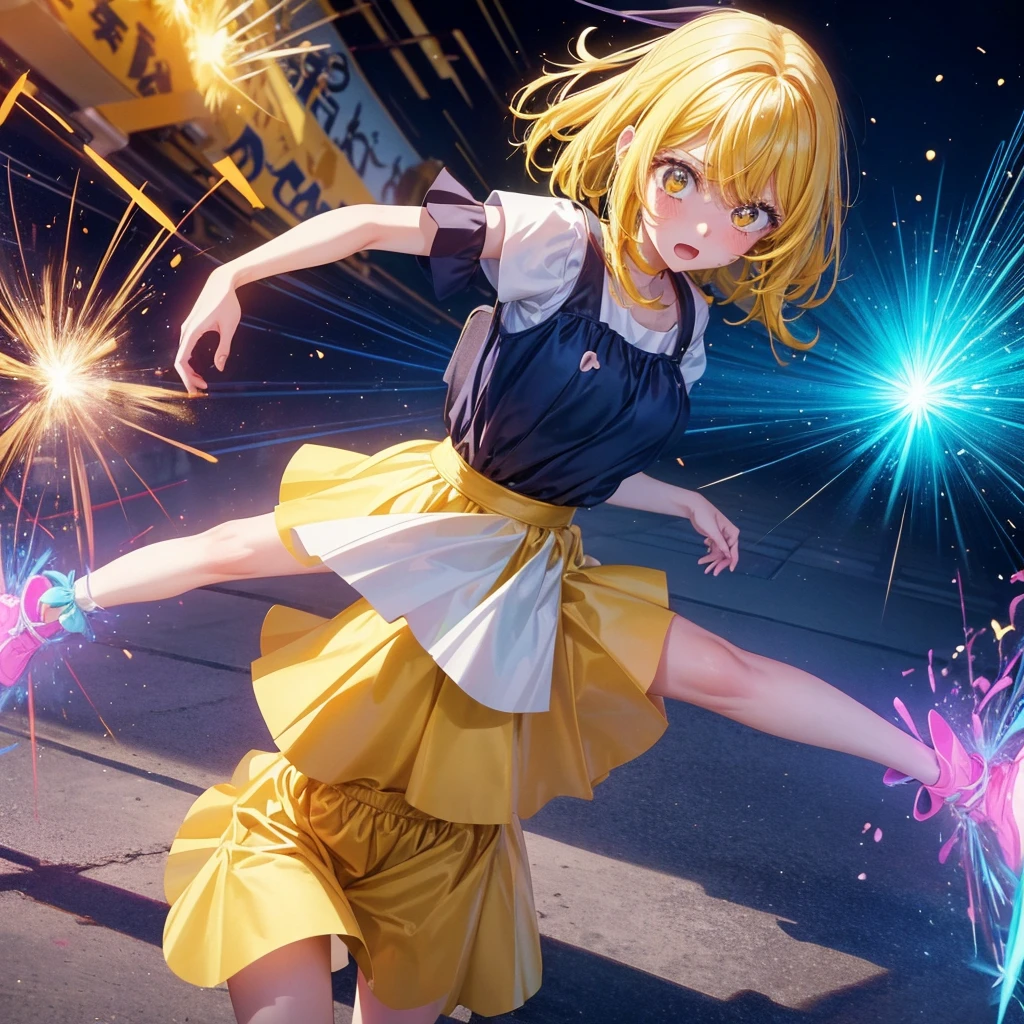 Create an anime-style image of a clumsy and naturally awkward girl with bright yellow hair. She should be wearing a cute, casual yellow outfit, such as a dress or a top with a skirt. Depict her in a moment where she is tripping or stumbling, showing a panicked and embarrassed expression. Her hair is styled in a playful, slightly messy fashion. The background should be lively and fun, with bright colors and dynamic elements that emphasize her clumsiness. Add small, amusing details around her, like scattered items she has knocked over, to enhance the playful and whimsical atmosphere. Make sure the overall image is vibrant and engaging, suitable for use as a thumbnail.