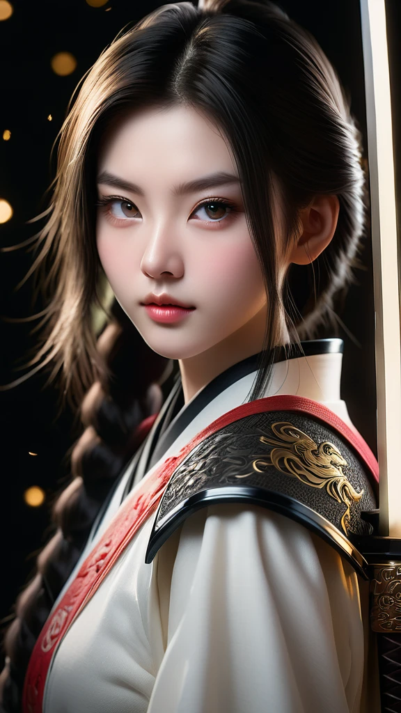 Meticulous, analog style, focus on the eyes, highest quality, (highly detailed skin), photo of very handsome pale skin Chinese donghua girl, 21 years old, (wearing sword), perfect face, pore skin, (penetration:0.5), black background, (bokeh:0.6), sharp focus, grainy lighting, (backlight:0.7), film grain, photographed with Sony A7R IV camera, 18mm F/1.7 cine lens, (highly detailed, intricate detail), 8k, HDR, front view, (full body: 0.9)