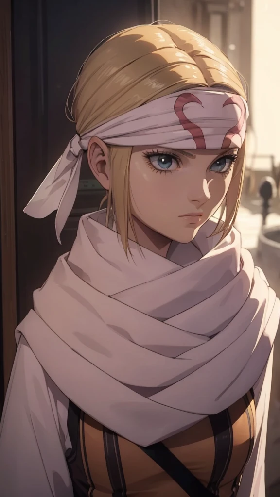 masterpiece), best quality, high resolution blonde 1girl bob cut medium hair standing alone cowl headband profile image looking at viewer beautiful eyes beautiful face extremely detailed pink clothing girly intense staring