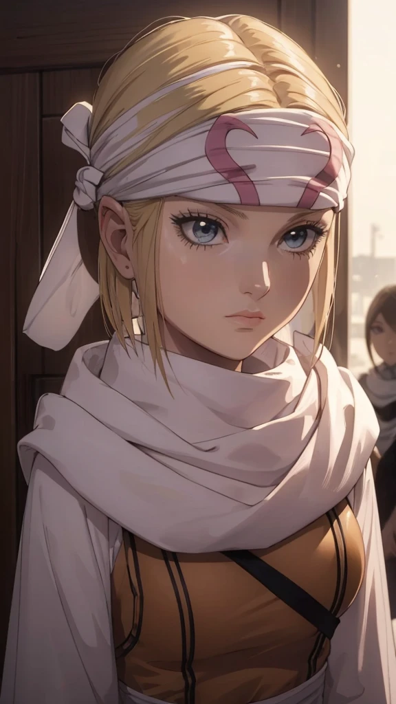 masterpiece), best quality, high resolution blonde 1girl bob cut medium hair standing alone cowl headband profile image looking at viewer beautiful eyes beautiful face extremely detailed pink clothing girly intense staring