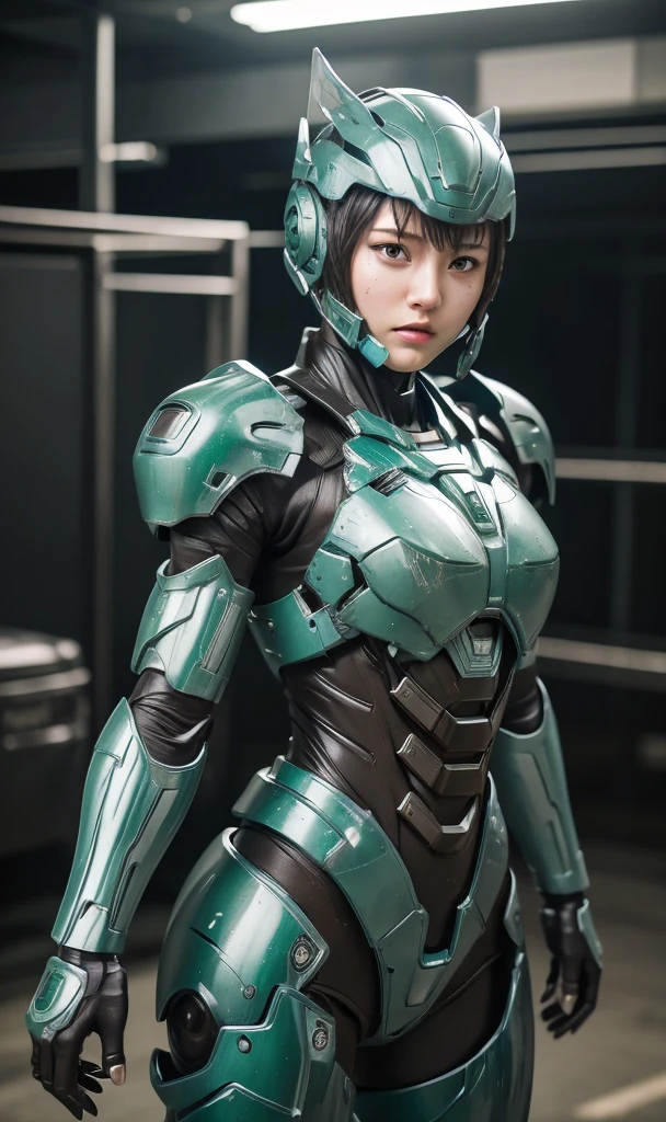 Textured skin, Super Detail, Attention to detail, high quality, 最high quality, High resolution, 1080P, hard disk, beautiful,(War Machine),beautifulサイボーグ女性,Dark Green Mecha Cyborg Girl,BATTLE MODE,Girl with a mechanical body,She is wearing a futuristic combat weapon mecha、Very Short Hair、Brown eyes、Sweaty、 Kiss Face