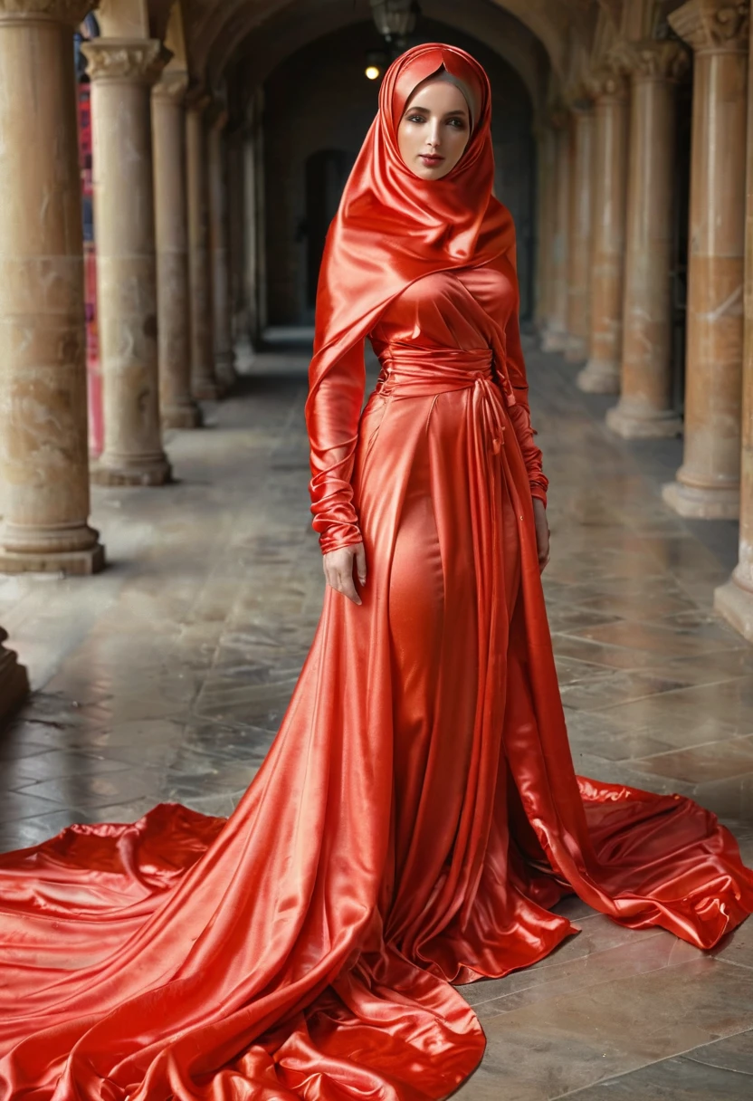 a sexy a woman covered in large red satin cloth, tied tight with the satin cloth, mummified in satin,  very long under gown, tight in leg, a mermaid style gown, wearing a satin hijab, the satin gown is very long, forming the curve of the body,strugle to move,full body,masterpice, 4k resolution, ultra-realistic, highly detail.