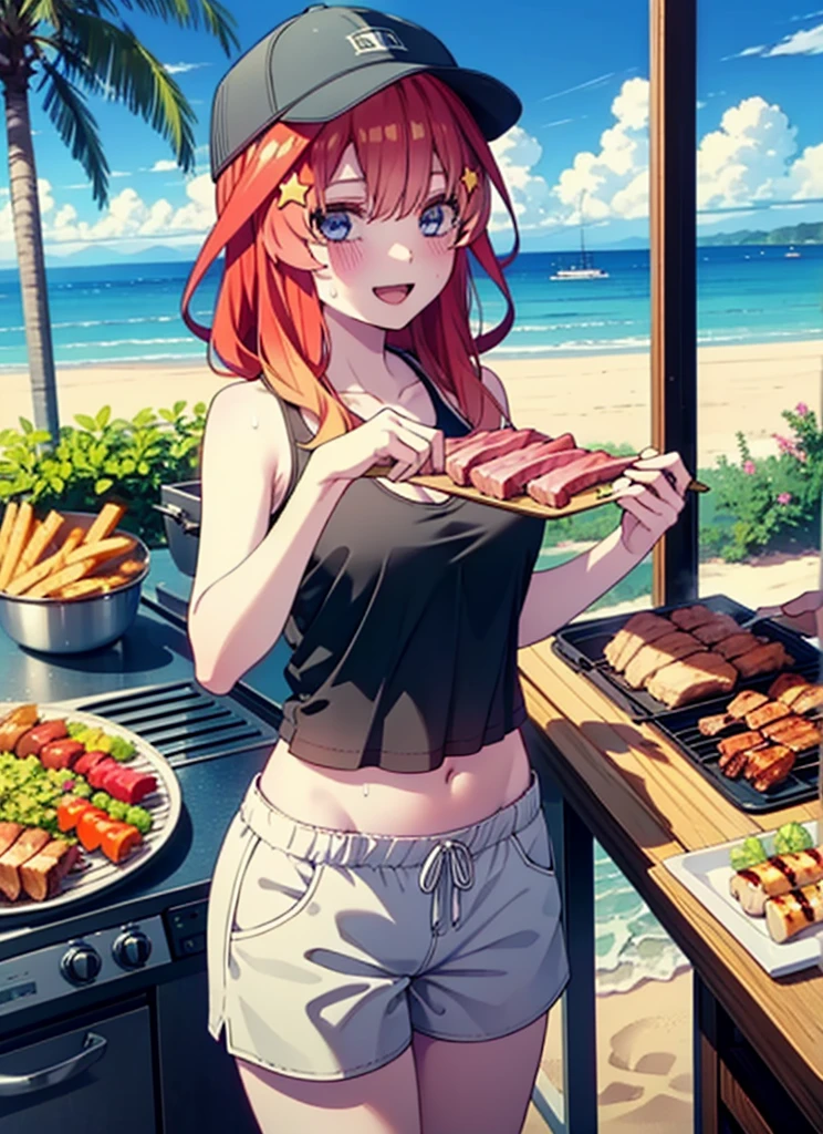 itsukinakano, Itsuki Nakano, bangs, blue eyes, Hair between the eyes, Redhead, star \(symbol\), hair ornaments, star hair ornaments,Baseball hats,happy smile, smile, Open your mouth,Red Tank Top,Belly button,Shorts,barefoot,Sweat,Beach,barbecue,cooking,Grilled meat,barbecue,Grilling meat,eating meat,Grilled meat,Palm tree,True Summer,Daytime,Clear skies,
break indoors, Beach,Sandy Beach,
break looking at viewer, (Cowboy Shot:1.5),
break (masterpiece:1.2), Highest quality, High resolution, unity 8k wallpaper, (figure:0.8), (Beautiful attention to detail:1.6), Highly detailed face, Perfect lighting, Highly detailed CG, (Perfect hands, Perfect Anatomy),