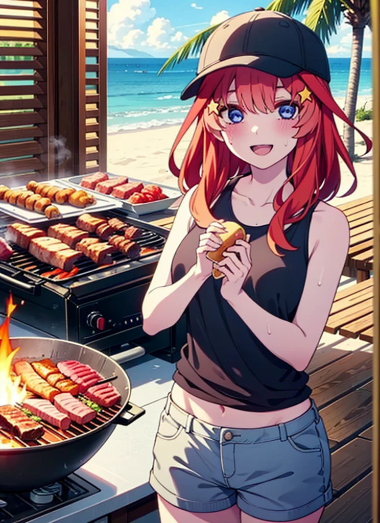 itsukinakano, Itsuki Nakano, bangs, blue eyes, Hair between the eyes, Redhead, star \(symbol\), hair ornaments, star hair ornaments,Baseball hats,happy smile, smile, Open your mouth,Red Tank Top,Belly button,Shorts,barefoot,Sweat,Beach,barbecue,cooking,Grilled meat,barbecue,Grilling meat,eating meat,Grilled meat,Palm tree,True Summer,Daytime,Clear skies,
break indoors, Beach,Sandy Beach,
break looking at viewer, (Cowboy Shot:1.5),
break (masterpiece:1.2), Highest quality, High resolution, unity 8k wallpaper, (figure:0.8), (Beautiful attention to detail:1.6), Highly detailed face, Perfect lighting, Highly detailed CG, (Perfect hands, Perfect Anatomy),