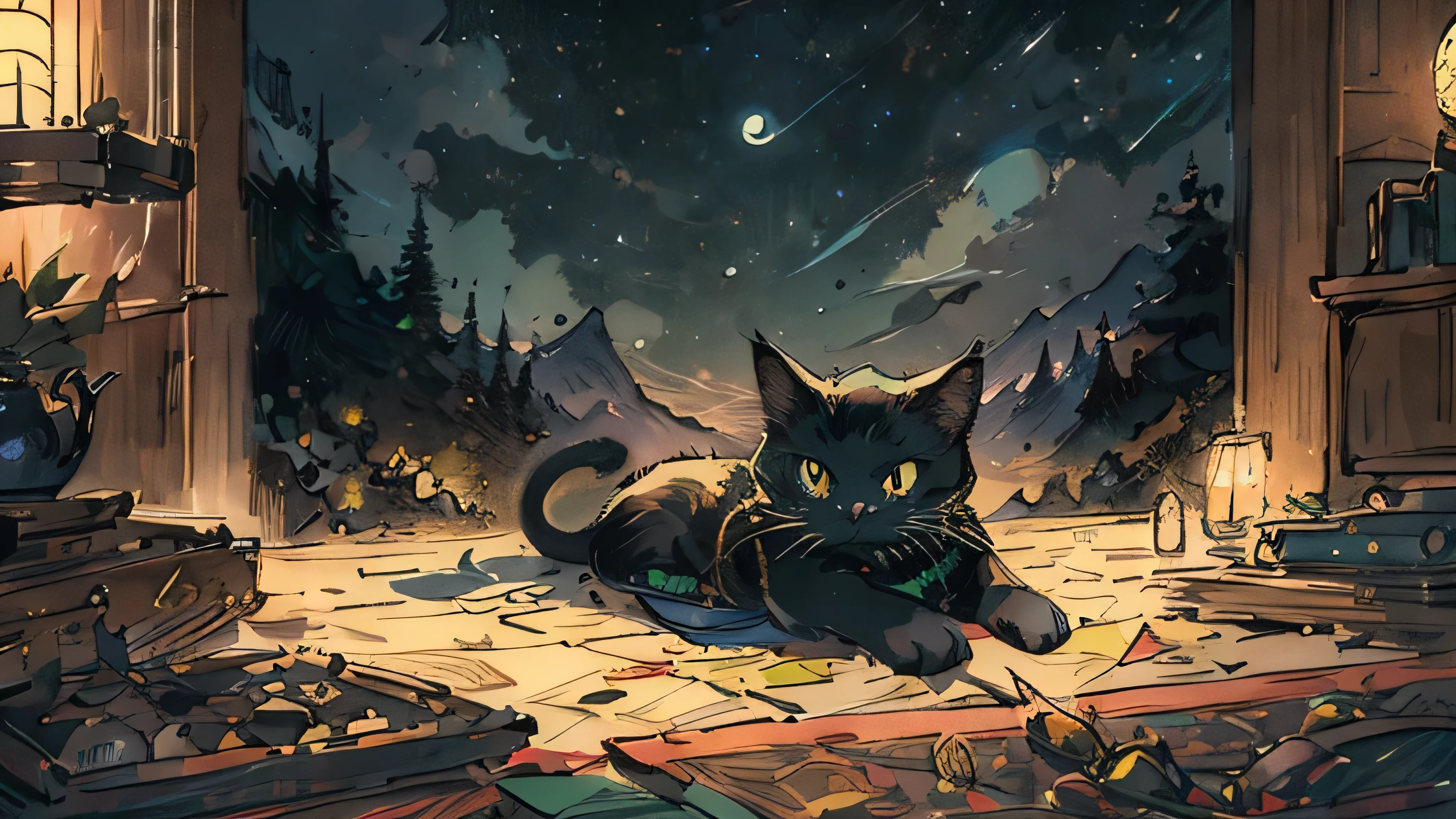 Illustration written in colored pencils, Fantasy, Night Sky, moon, Black cat, Emerald green, Yin and Yang depicted on the moon,、A painting of a river with stars and moon in a rainbow sky, Very detailed, Very complicated, beautiful, Majestic, Harmony, peace, Tranquility, Make the moon bigger
