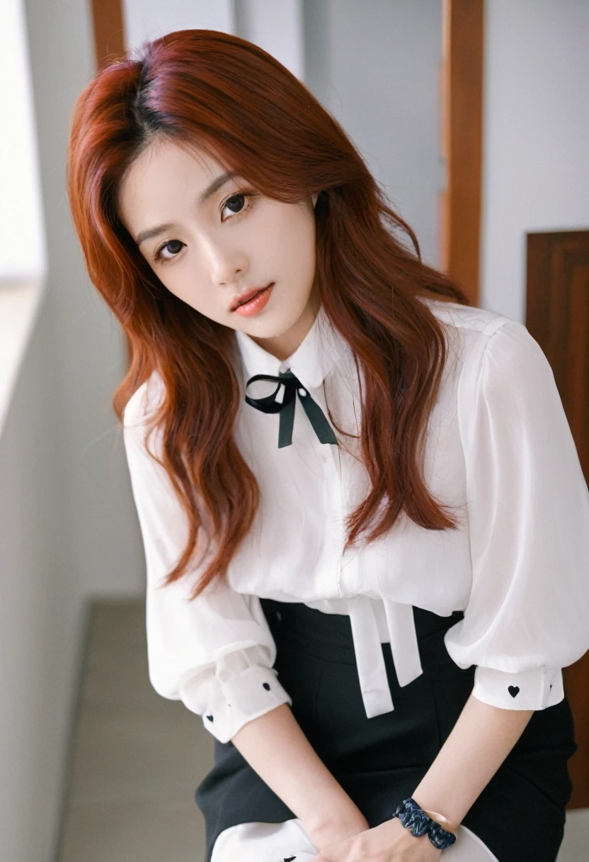 A Korean woman with long red hair, dark shaped eyes, slim and beautiful looking blankly at the camera in a white coquettish blouse , and a black skirt , And accessories like hair ties, wristbands, collars, gaiter and etc better quality , photo focused only on the face and very red hair making a heart for the camera 