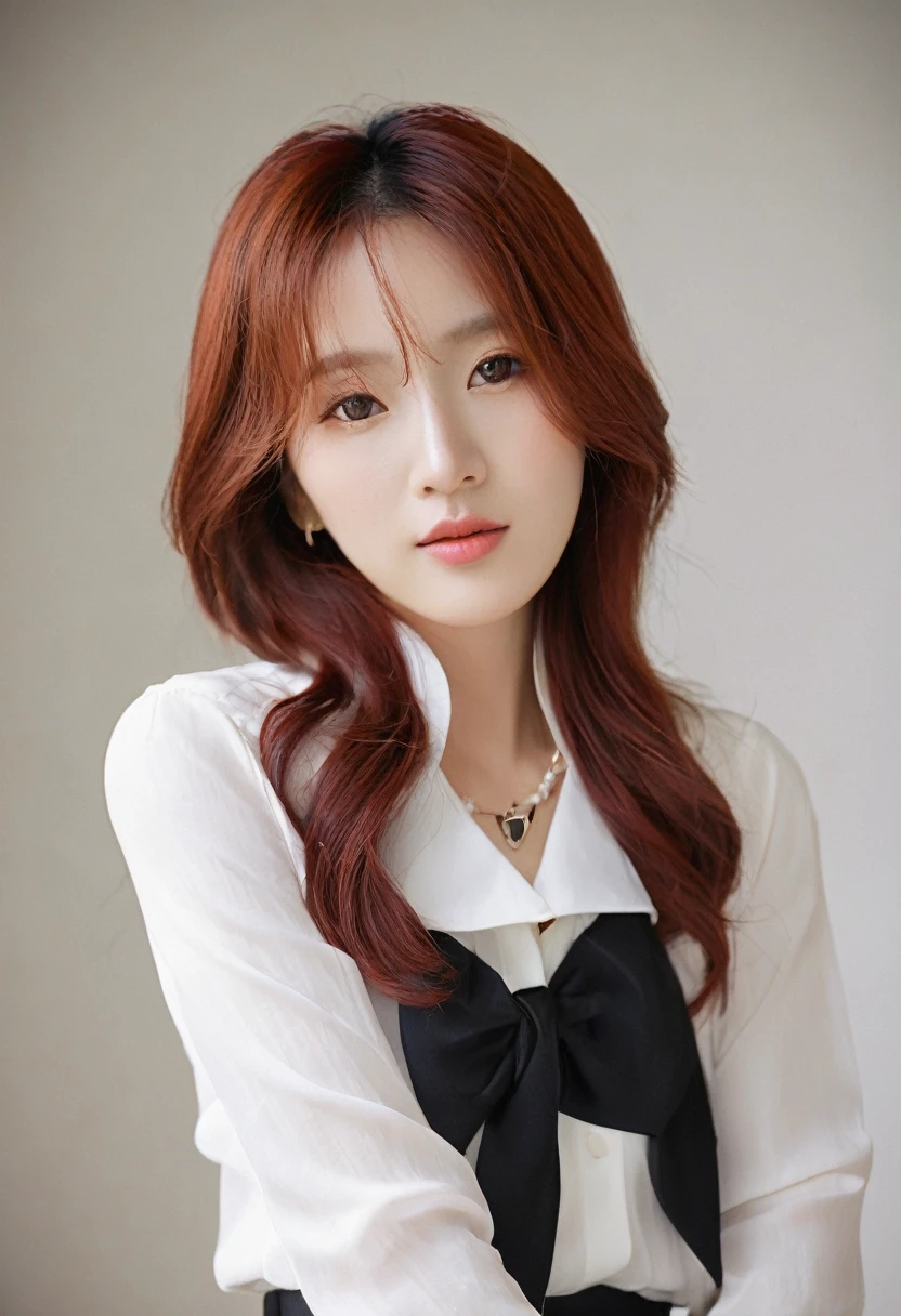 A Korean woman with long red hair, dark shaped eyes, slim and beautiful looking blankly at the camera in a white coquettish blouse , and a black skirt , And accessories like hair ties, wristbands, collars, gaiter and etc better quality , photo focused only on the face and very red hair making a heart for the camera