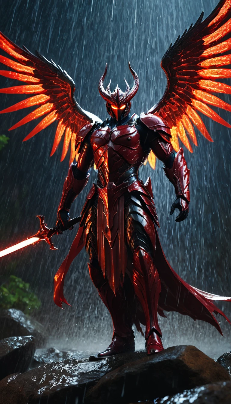 masterpiece,best quality,4k,photoillustration of 1archdemon((masterpiece best quality), (perfect anatomy), (perfect proportion body))1angel, archdemon, steel-blade wings(blade wings:1.3), blooded wings, tall wings(tallwings:1.7)close wings(closed wings:1.5)hold a flame_sword with his two hands((hold sword with two hands)(accurate:1.8)), sticking the sword in the rock, lightning struck to the sword, attacking stance, splashing red liquid surround, red rain, heavy rain, dynamic movement, cinematic motion, epic realism, hyper realistic, dramatic light, red sweat splashing, above view, red drips on face, dark_smoke and thunder, background, mourning UHD, 8k