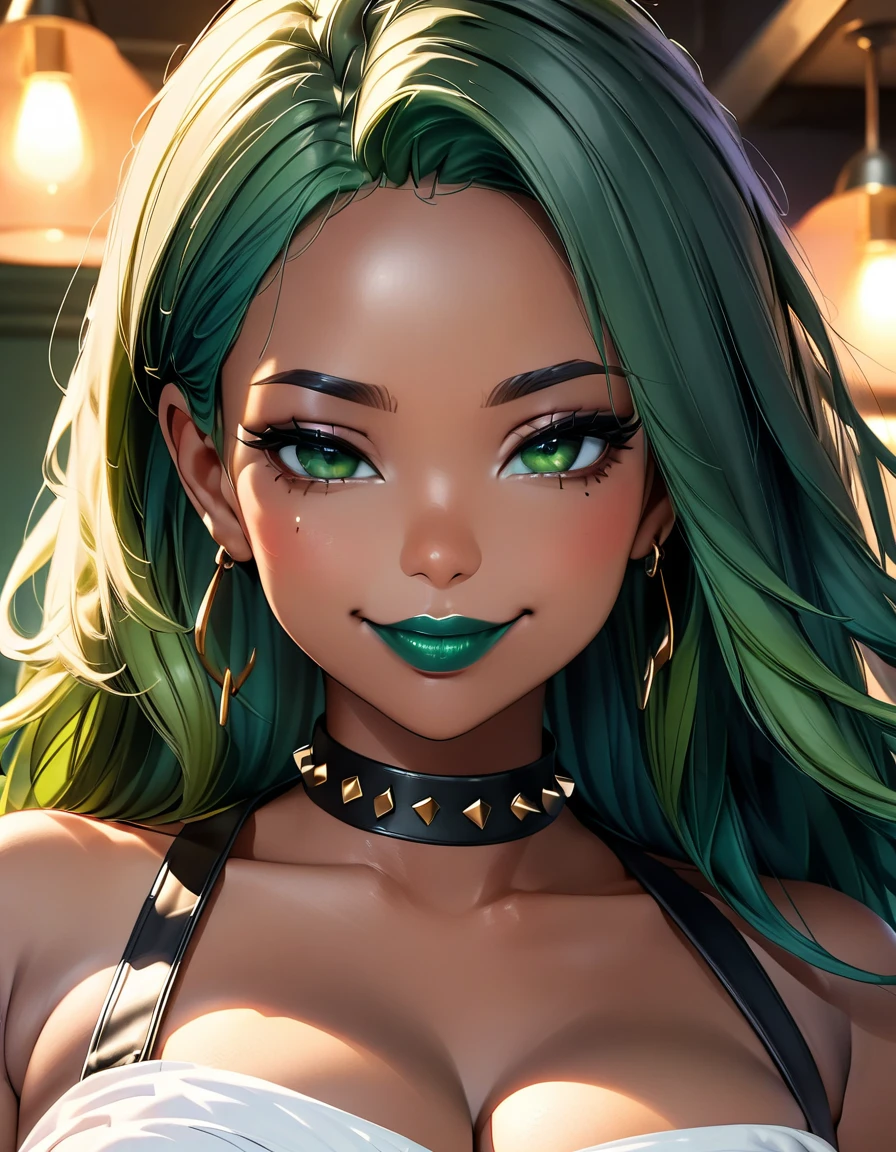 ((best quality)), ((8k)), beautiful woman, ((african skin)), green hair, long hair, denim, leather, ((bar)), green lipstick, black spike choker, green eyes, seductive smile, portrait, chubby, nsfw,