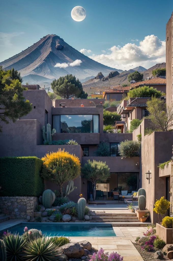 Multiple houses, brutalism style, Luis Barragán, Mountains in background, river, pool, terraces, stairs, garden terraces, trees, beautiful clouds, moon, sun, detailed, cacti, boulders, volcanic rocks, fuggy, river, lake, Violet, orange, olive green, blue, magenta, amazing volcano in horizont, beautiful garden design