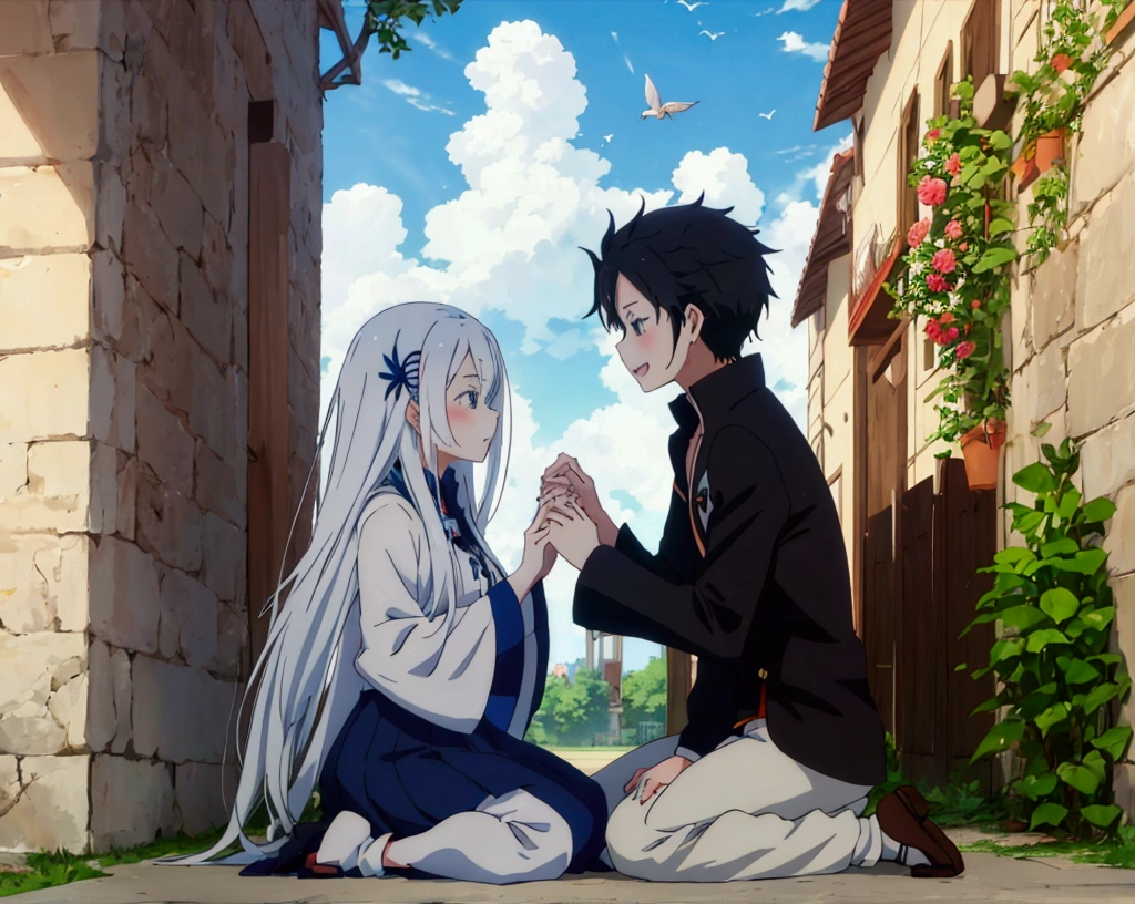 
anime, , kidse, couple kissing in the sky with birds flying overhead, kissing together cutely, romanticism lain, shoujo romance, sakimi chan, lovely kiss, kissing together, anime picture, in love, kissing, romantic!!!, anime, re:zero, echidna, subaru, making love, cute anime, beautiful anime, anime!!, anime wallaper, cielo hermoso, lagrimas de felicidad en la niña, echidna niña, pelo blanco, cejas gruesas blanca.