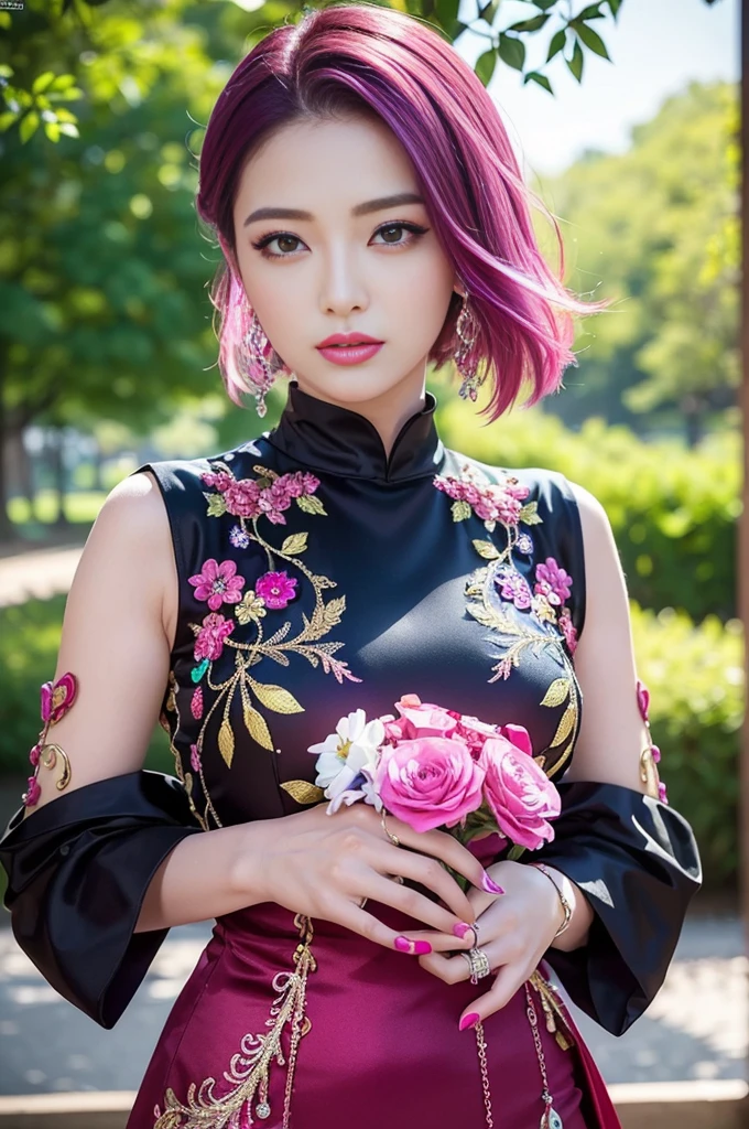(masterpiece:1.4), (best quality:1.4), ultra high res, ultra high resolution, ((detailed facial features)), HDR, (realistic, photorealistic, photo-realistic:1.37), full body Esbian, sexy swedish model, (-anime), only 1 model, vivid colors, ((vivid colors multicolor (fuchsia, pink, light blue, purple) very short hair)), (seductive smile), lip-gloss, long lashes, defined eyebrows, wearing large sparkling colorful jewelery, wearing a red silk Paradise Kiss cosplay dress with black floral embroidery, ((vivid colors outfit)), vivid colors, look at the camera, cinematic light, large park background with trees, sweet and sexy pose