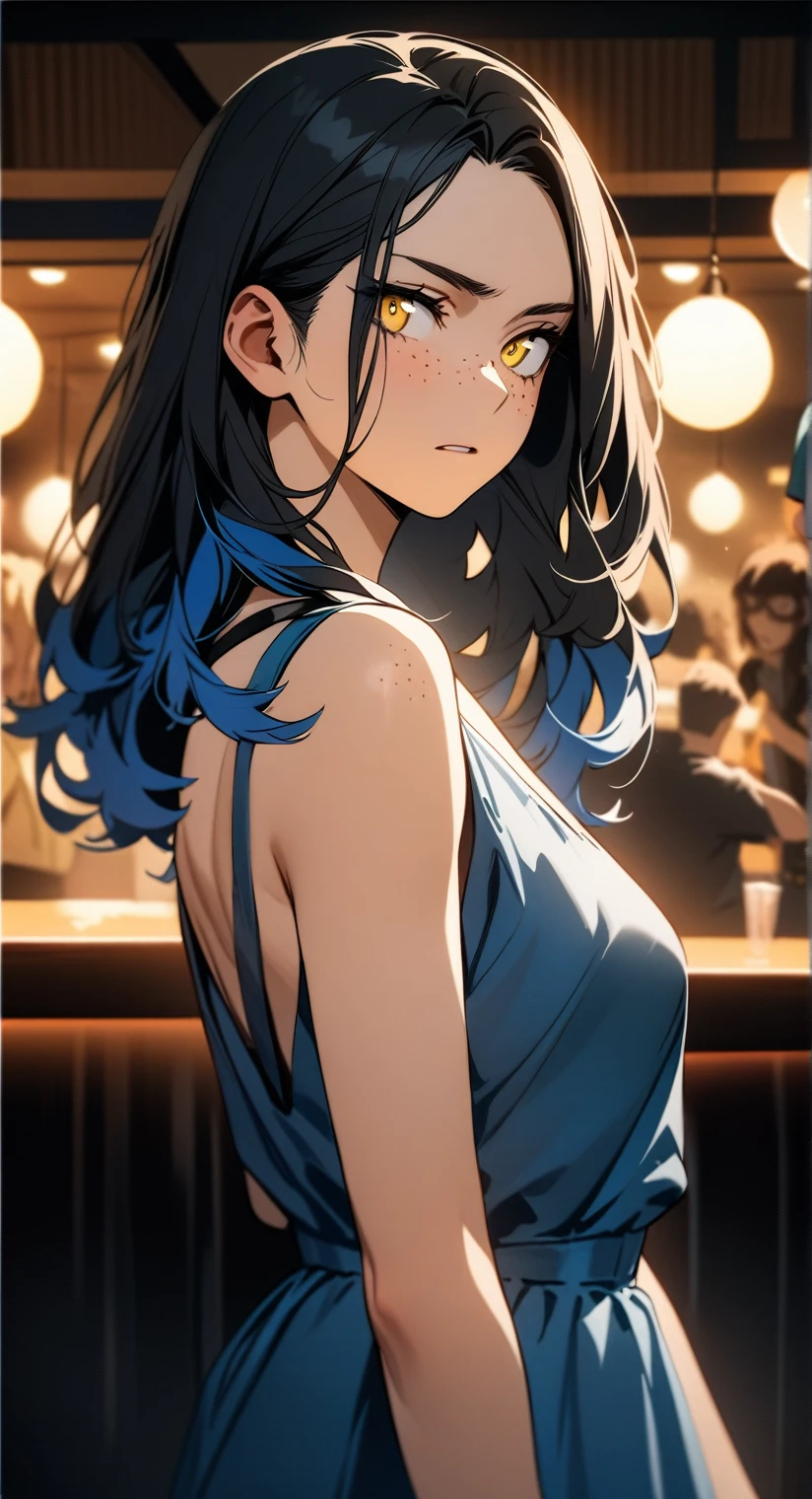 artwork) (Mega quality) (detailed). 1 girl, my hero academia black hair,long, and blue tips, blue locks, yellow eyes, with freckles, a little serious, half body shot, wearing a beautiful blue dress uncovered up, in a night party atmosphere