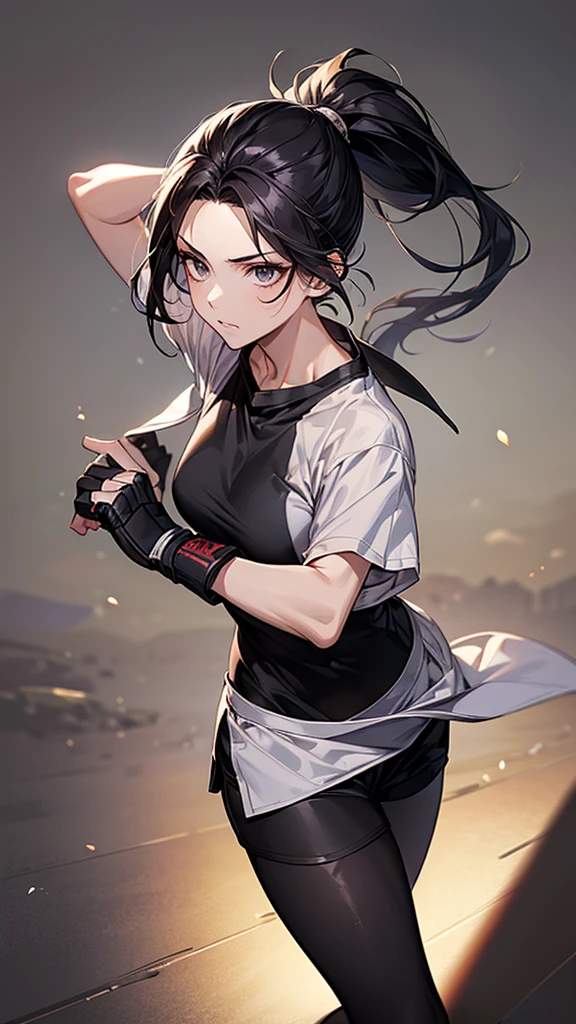 ((Highest quality)), ((masterpiece)), (detailed)　｛{{Slender female martial arts instructor}}｝　Short sleeve T-shirt　Mature Woman　((Combat Stance))　Long fingerless gloves　　dojo　Black Hair　ponytail　((Leggings with integrated shorts))　clavicle　　　Bare skin décolleté