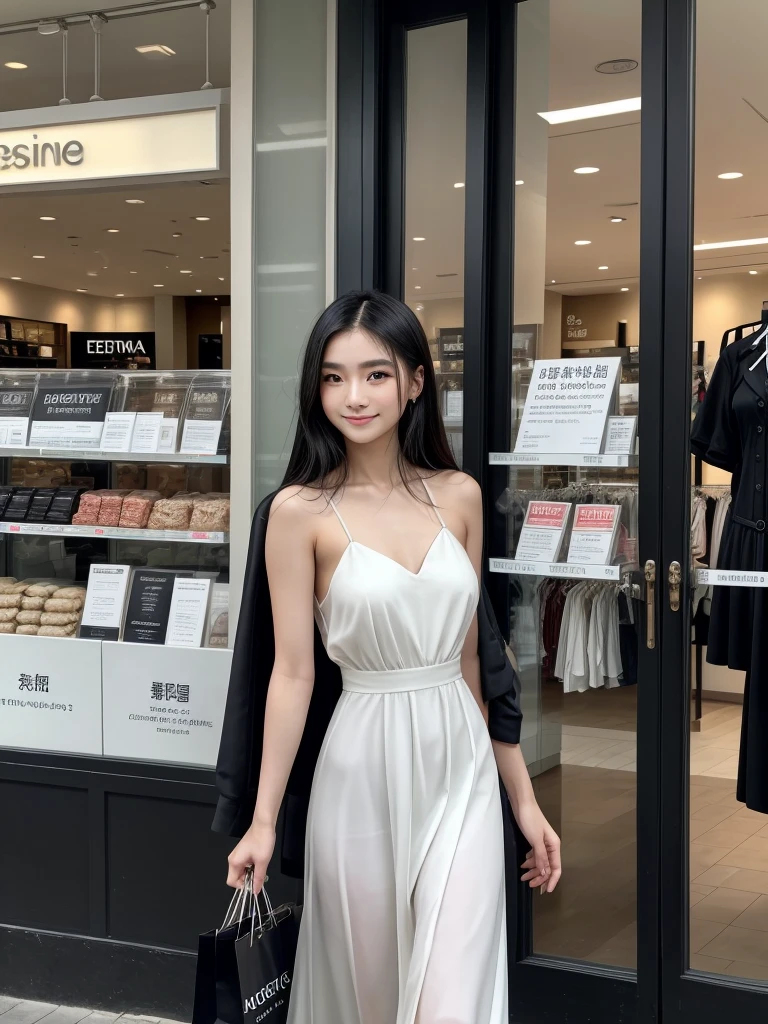 In a bustling mall in Manila、A beautiful young Filipino woman walking gracefully。She wore a simple and elegant dress.、Bright and healthy skin glowing。Her black, lustrous hair sways gently on her shoulders.、Her elegant smile accentuates her face even more.。holding a shopping bag、Looking curiously at the window displays、Every time I find a store I like, I stop by.。Blending in with the hustle and bustle of the surrounding area、It stands out with its attractive presence。