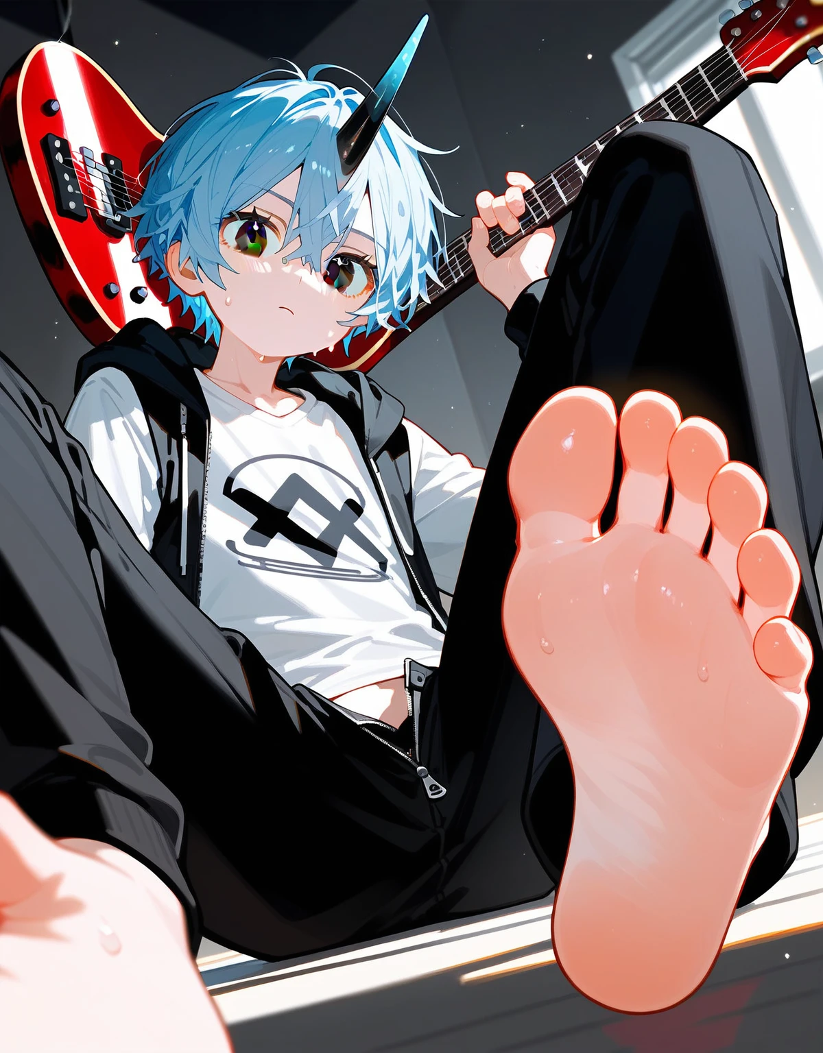 A cute boy showing his stinky feet low angle,There is a black five-pointed star birthmark on the right cheek,barefoot,Sole,Sweating on the soles of the feet,Foot Focus,White T-shirt,There is a black letter x in the middle of the T-shirt,Wearing a white and black hoodie jacket,Unzipped hoodie jacket,Bangs between the eyes,short hair,Light blue hair,Black trousers,Anatomically correct, There is a single diamond-like horn in the middle of the head.,Black eyes,Look at the audience,Room Background,There is a guitar on the wall in the background