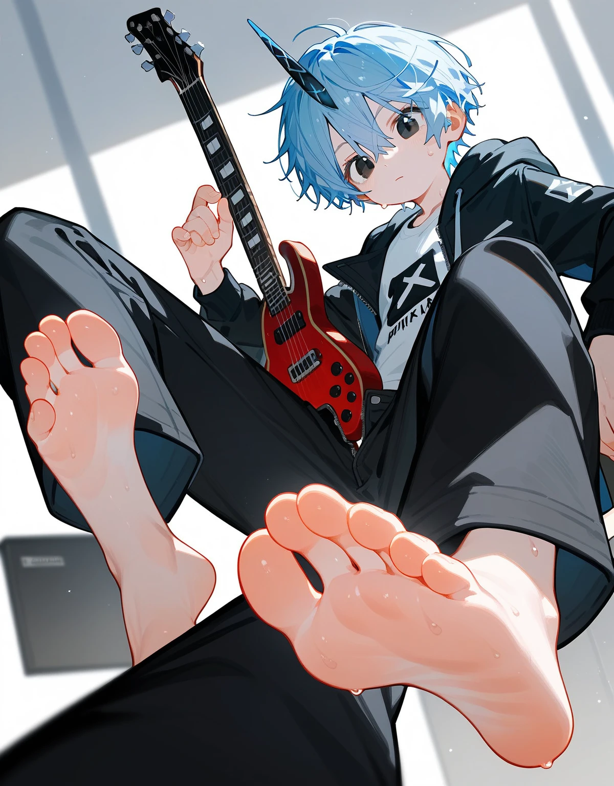 A cute boy showing his stinky feet low angle,There is a black five-pointed star birthmark on the right cheek,barefoot,Sole,Sweating on the soles of the feet,Foot Focus,White T-shirt,There is a black letter x in the middle of the T-shirt,Wearing a white and black hoodie jacket,Unzipped hoodie jacket,Bangs between the eyes,short hair,Light blue hair,Black trousers,Anatomically correct, There is a single diamond-like horn in the middle of the head.,Black eyes,Look at the audience,Room Background,There is a guitar on the wall in the background