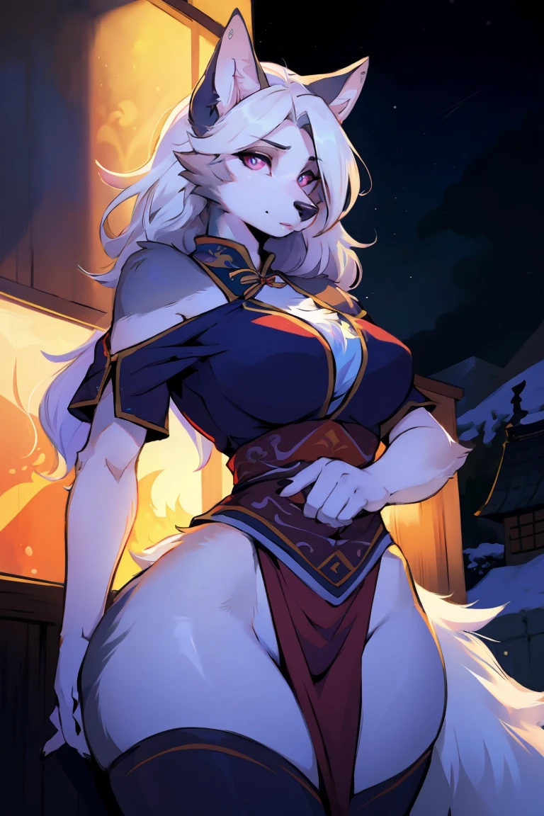 Chinese Clothing, Top quality, best quality, High-quality illustrations, masterpiece, Ultra-high resolution, Detailed background, (Wolf_girl:1.2),Beautiful figure,Height 193 cm,close_up,(Fluffy anthropomorphic furry :1.6),curls,fur,Neck hair,Extremely fine fur,aldult, 33 years old, Mature, Solitary,Solitary,Snow-white wolf girl, High target, Mature, nose, Long white hair, White ears, Purple Eyes, 黑nose, Animal ears,(looking at viewer:1.2)masterpiece, Best Art, Detailed hands, Delicate eyes, night, Anime latest art style, 深Purple Eyes, Wide hips,Sexy thighs