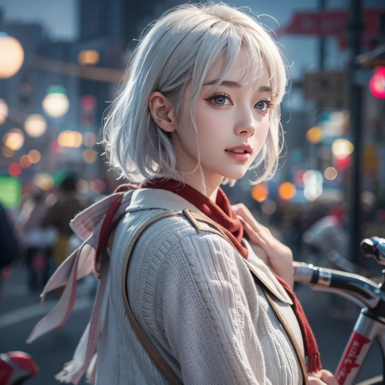 (masterpiece:1.3), (8k, Realistic, RAW Photos, Best image quality: 1.4), Fair-skinned fairy woman、short hair、Cleavage:2.0、Highly detailed face、Attention to detail、double eyelid、Sharp focus:1.2、Beautiful woman:1.4、Silvery white hair、Highest quality、masterpiece、Ultra-high resolution、(Realistic:1.4)、Highly detailed and professionally lit smiles、Loose, Light, Wear Japan high school uniform:1.5、Red scarf、 One person、whole body,Cycling through Japanese cities、