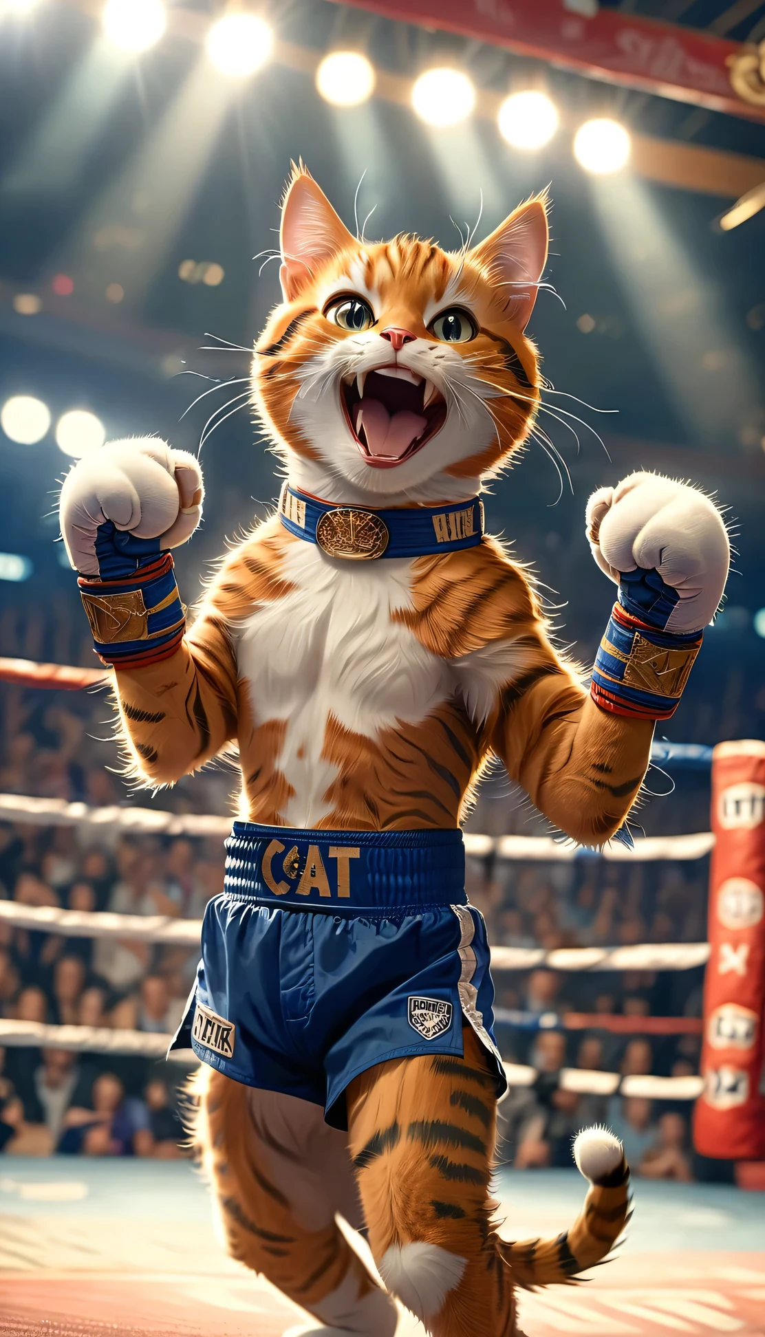((8k)), Highest quality, 超high resolution, A cat is in a boxing ring, Wearing boxer shorts, ((Championship Belt)), Happy to raise both hands, ((Chuckle-Smile))