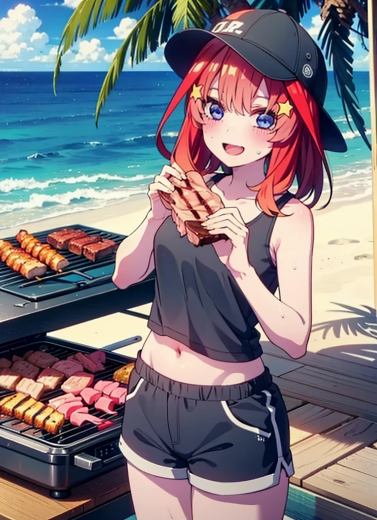 itsukinakano, Itsuki Nakano, bangs, blue eyes, Hair between the eyes, Redhead, star \(symbol\), hair ornaments, star hair ornaments,Baseball hats,happy smile, smile, Open your mouth,Red Tank Top,Belly button,Shorts,barefoot,Sweat,Beach,barbecue,cooking,Grilled meat,barbecue,Grilling meat,eating meat,Grilled meat,Palm tree,True Summer,Daytime,Clear skies,
break indoors, Beach,Sandy Beach,
break looking at viewer, (Cowboy Shot:1.5),
break (masterpiece:1.2), Highest quality, High resolution, unity 8k wallpaper, (figure:0.8), (Beautiful attention to detail:1.6), Highly detailed face, Perfect lighting, Highly detailed CG, (Perfect hands, Perfect Anatomy),