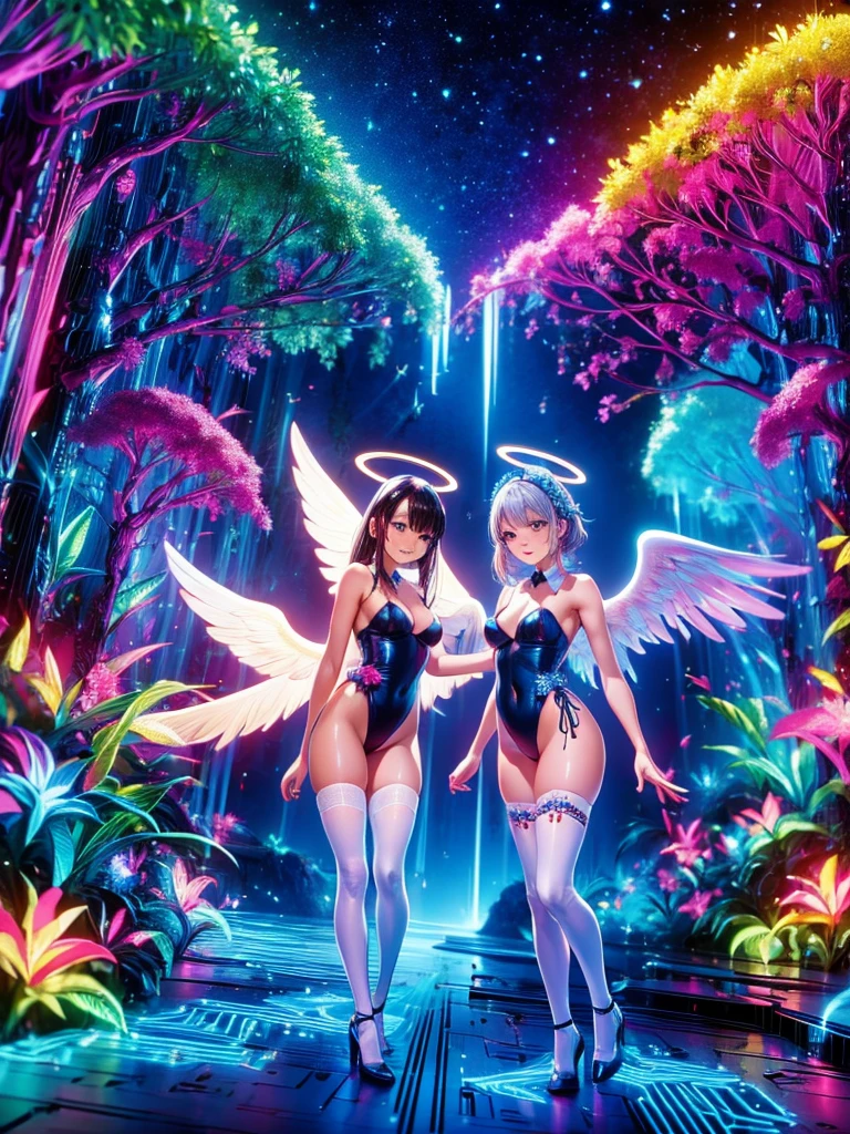 Highest quality,Highest Resolution,Smiling beautiful girl in maid leotard,White angel wings on your back,Halo,High leg,Frills,Knee-high stockings,front,whole body,up,universe,Milky Way,meteor,Very beautiful eyes,