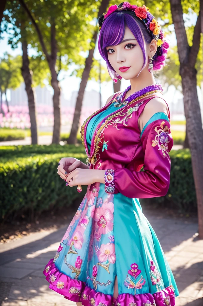 (masterpiece:1.4), (best quality:1.4), ultra high res, ultra high resolution, ((detailed facial features)), HDR, (realistic, photorealistic, photo-realistic:1.37), full body Esbian, sexy swedish model, (-anime), only 1 model, vivid colors, ((vivid colors multicolor (fuchsia, pink, light blue, purple) very short hair)), (seductive smile), lip-gloss, long lashes, defined eyebrows, wearing large sparkling colorful jewelery, wearing a red silk Paradise Kiss cosplay dress with black floral embroidery, ((vivid colors outfit)), vivid colors, look at the camera, cinematic light, large park background with trees, sweet and sexy pose