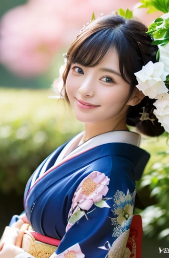 (Light makeup)、(top-quality,masterpiece:1.3,超A high resolution,),(Ultra-detail,Caustics),(Photorealsitic:1.4,RAW shooting,)Ultra-realistic capture,(32k,high detal,high-detail、masterpiece,Attention to detail,full body Esbian,solo,Lori:1.6),Raw photo & realistic atmosphere,beautiful dark blue eyes,Detailed mouth,Glossy lips,Detailed eyebrows,Eyes drawn in detail with soft white skin that shines with every detail)、、 (Skin texture is natural、、The skin looks healthy with an even tone、 Use natural light and color, japanese, A dark-haired, long hair,(depth of fields、realisitic、8K UHD、hight resolution、(1girl in:1.2)、The ultra-detailliert、High quality textures、very detailed CG、High quality shadows, A dark-haired、Kyo-Yuzen、blue Kimono、park background , (Super cute face in idol style:1.4)、slim and beautiful figure、A smile、full body Esbian:1.2, Japanese woman in kimono, 25 years old, hydrangeas flower background, standing under hydrangeas flower, cold lighting, rainning day, wet floor, big smile, colorful kimono