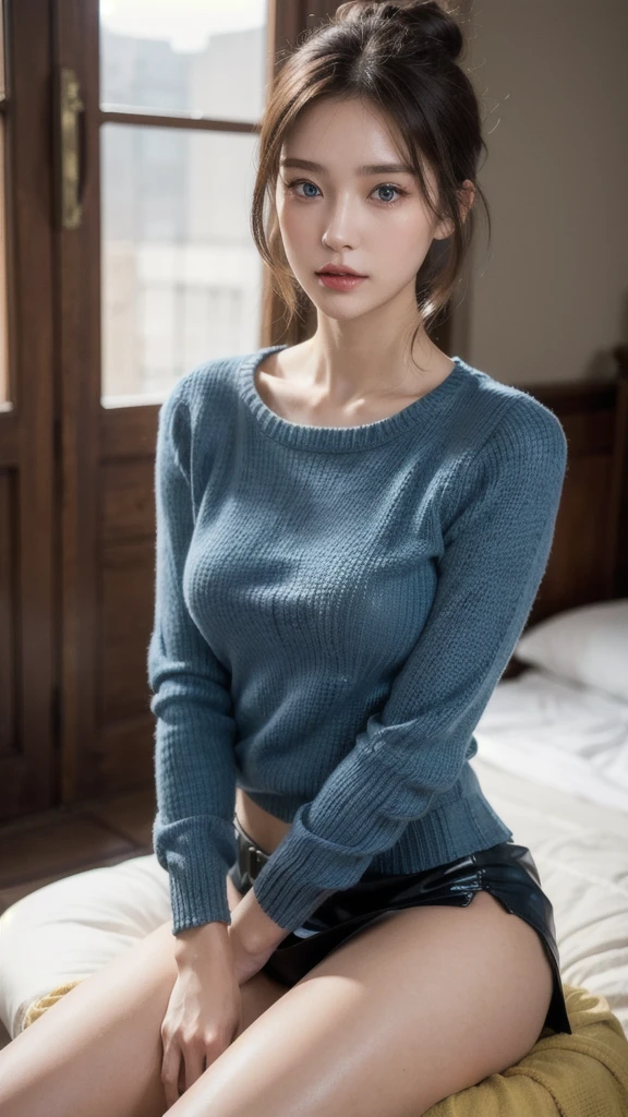 1girl, slim face, sharp blue eyes, brunette, hair in bun, thin:1.3, body, wearing light knit sweater, high dark colored short skirt, hands on lap, looking at viewer, (eye level shot, cowboy shot),
BREAK
(best quality:1.3, masterpiece:1.3), (realistic, photo realistic:1.2), highres, UHD, 8k, (realistic skin, Detailed shiny skin), (normal expression, perfect anatomy),