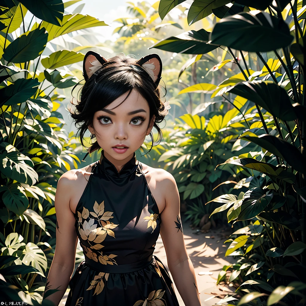 niji、eyesgod、(Jungle Adventure:1.5)、In the mangrove forest(Running with motion blur effect)、Wearing a black dress_A woman like a leopard:1.9、Surprised expression、Photographed from the front、Cowboy Shot、Lush tropical foliage、Dramatic lighting、Cinematic composition、Very detailed、Photorealistic、8k、masterpiece