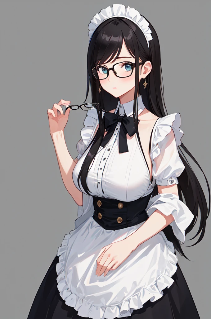 {{masterpiece}},high quality, 4K, 2D, 1 girl,{simple gray background},{{attractive mature lady}},{milf},standing,sagging breasts,{{gigantic breasts}},maid,front face,{{tareme}},attractive mature lady,black hair, {from right in front of face and body},View viewers from front,{front facing shot},Wear glasses,(serious:0.1)