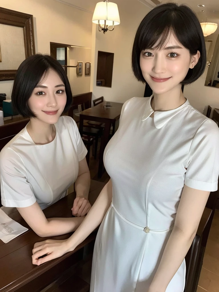 Highest quality、masterpiece、8k、Very detailed、Realistic、Looking at me with a smile、whole body、Black Hair、Short Hair、Small face、Slender、(Big Breasts)、Thin and beautiful legs、narrow and constricted waist,、Family Restaurant Uniforms