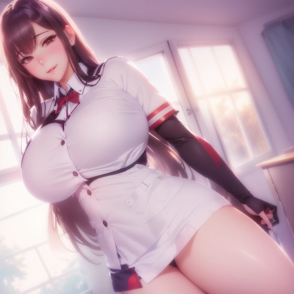 Anime girl in uniform posing in room with window, Enchanting anime girl, tits, Naughty anime style, Beautiful anime school girl, Smooth anime CG art, Realistic school girl, hyperRealistic school girl, Surreal , [ 4k digital art ]!!, I also make fan art, Beautiful and attractive anime ,Naughty expression