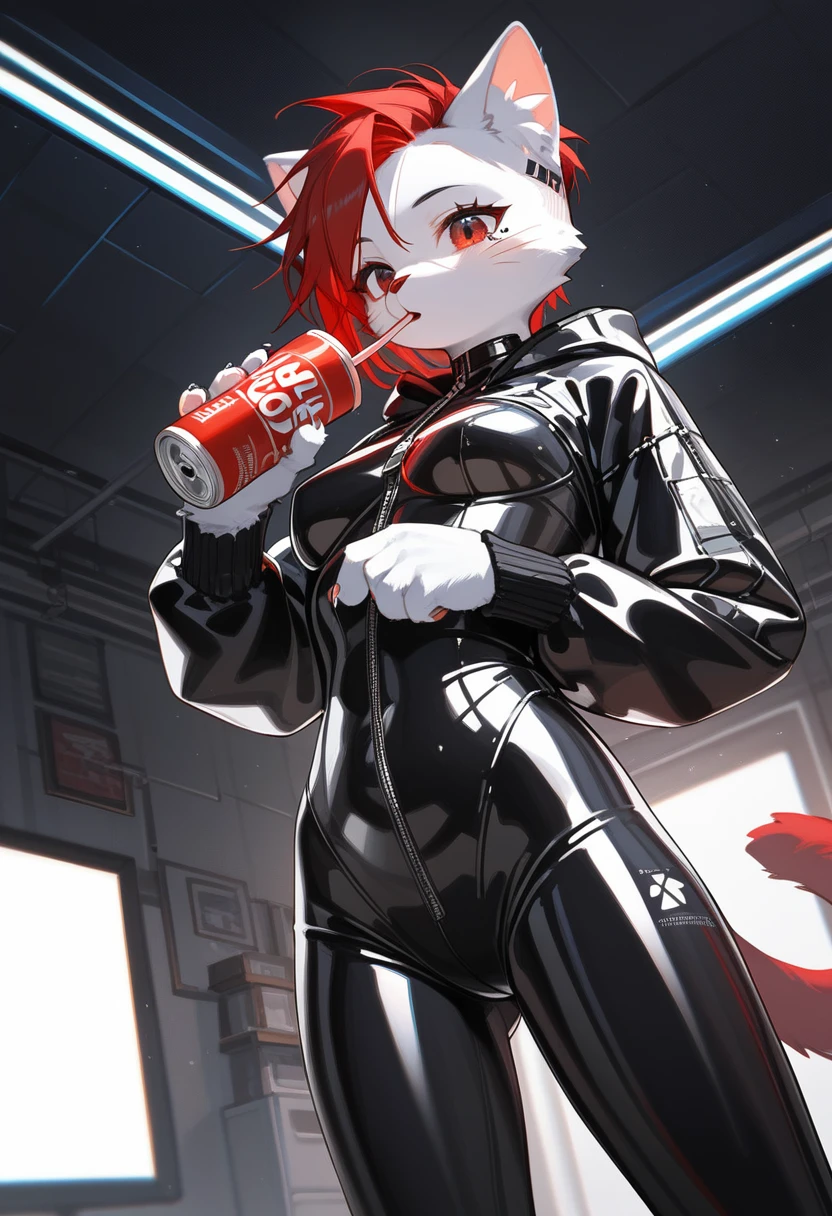 Highest quality, Highest quality, High quality illustrations, masterpiece, Ultra-high resolution, Detailed Background, room, Absurd, Perfect Anatomy, performance, Good lighting, Shadows in the movies(kemono, Furry PersonifiCation), Cat, Red Hair, Rubber Suit, latex, neon, neonライト, neonカラー, Bodysuits, Cyber Suit, cyber punk, White Rubber Hoodie, Drinking canned coffee, Earrings, Tattoo, Dynamic Angle