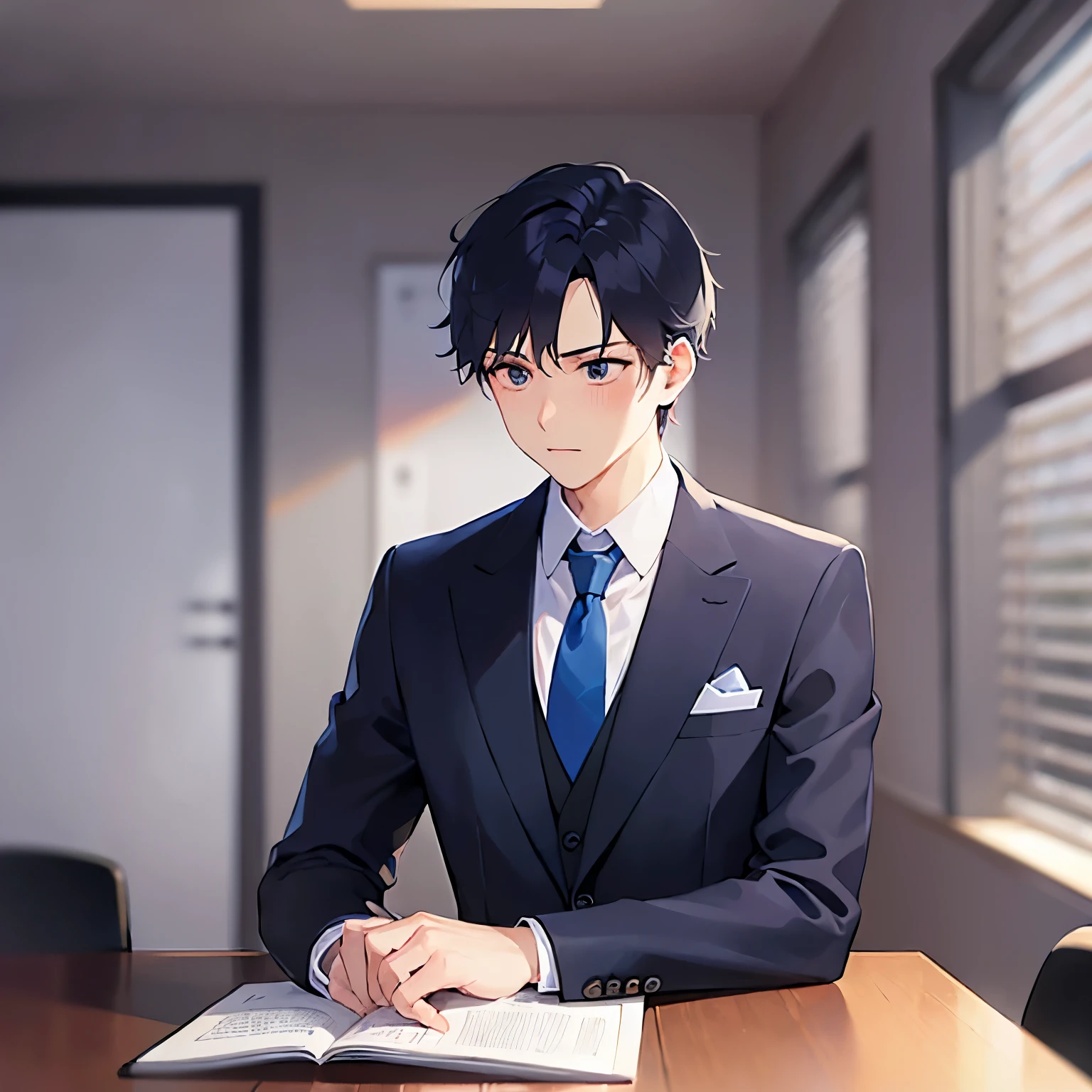 (looking away:1.5), upper body、
masterpiece、Highest quality、
(25-year-old male:1.5) and(Black short hair) and (blue eyes),
(suit:1.5) and (Blue tie)(suit:1.5) and (Blue tie)、
Serious,blush,typing,The background is the conference room、(alone:1.5)