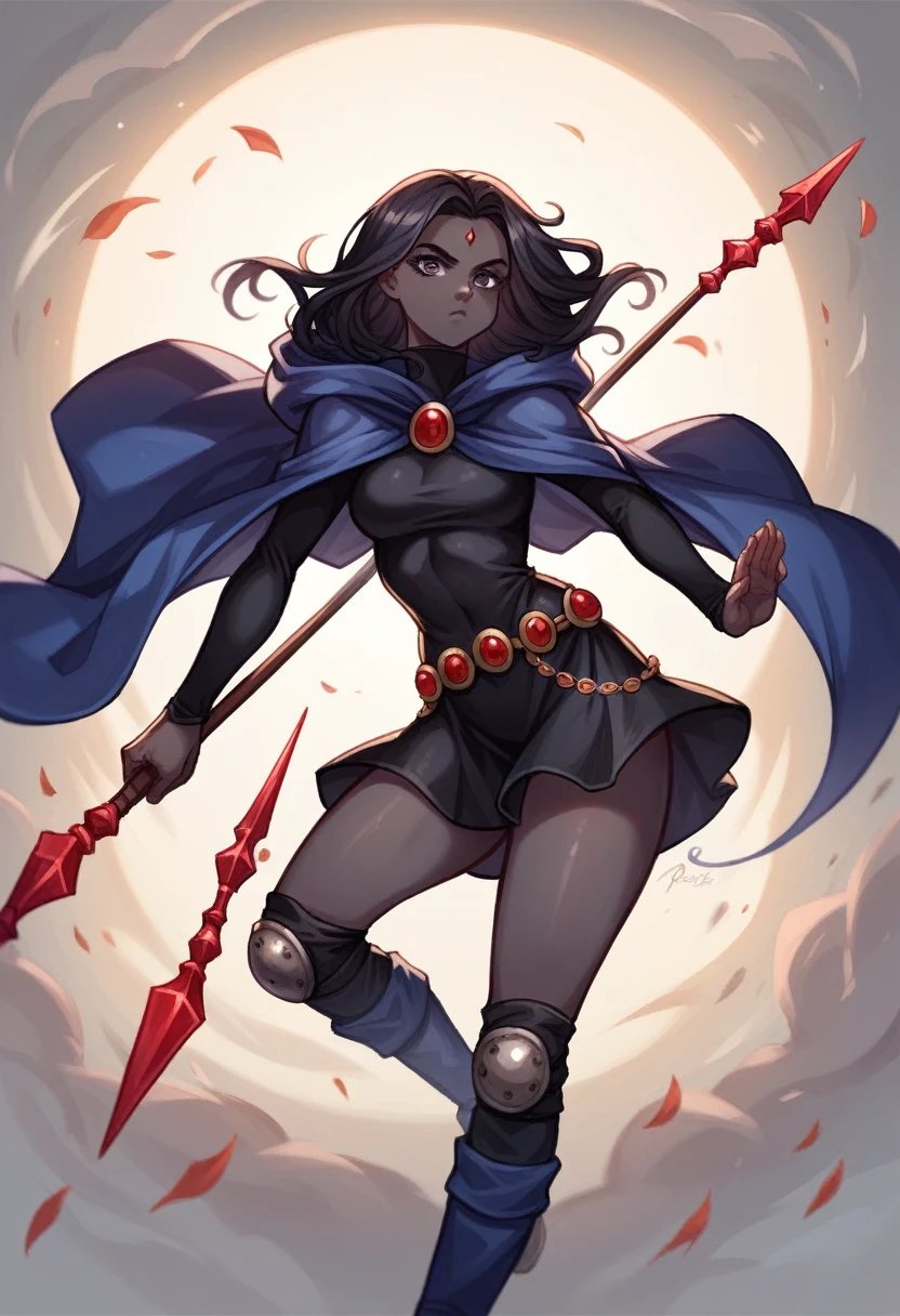 1 adult girl, Raven, black skin black leotard, black cloack, hooded cloak, sexy Greek knee-length skirt, booties, long flowing hair, wavy black hair, forehead jeauel, purples eyes, medieval belt, firm skin, standing, toned, breastsout, battle pose, delicate pose, perspective view(posando)), Lines of movement, portraite, b&au. Contour, whole body, holding a spear, wearing knee pads