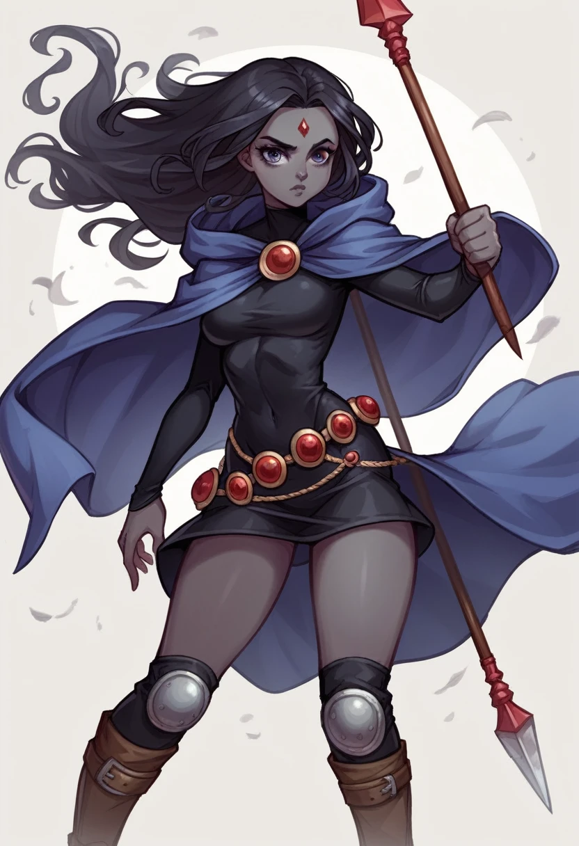 1 adult girl, Raven, black skin black leotard, black cloack, hooded cloak, sexy Greek knee-length skirt, booties, long flowing hair, wavy black hair, forehead jeauel, purples eyes, medieval belt, firm skin, standing, toned, breastsout, battle pose, delicate pose, perspective view(posando)), Lines of movement, portraite, b&au. Contour, whole body, holding a spear, wearing knee pads