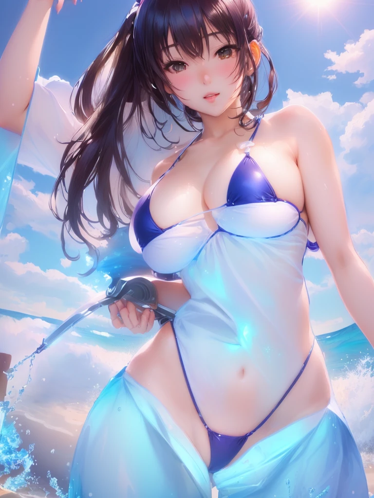 Anime girl in bikini standing in water holding a sword, Enchanting anime girl, At the Beach, At the Beach, Beautiful and attractive anime teen, 太陽が輝くAt the Beach, Realistic Bikini, At the Beach, , Beautiful and attractive anime woman, Swimwear, in the sea, mayuri shiina, By Kentaro Miura, Highly detailed art gems,Naughty expression