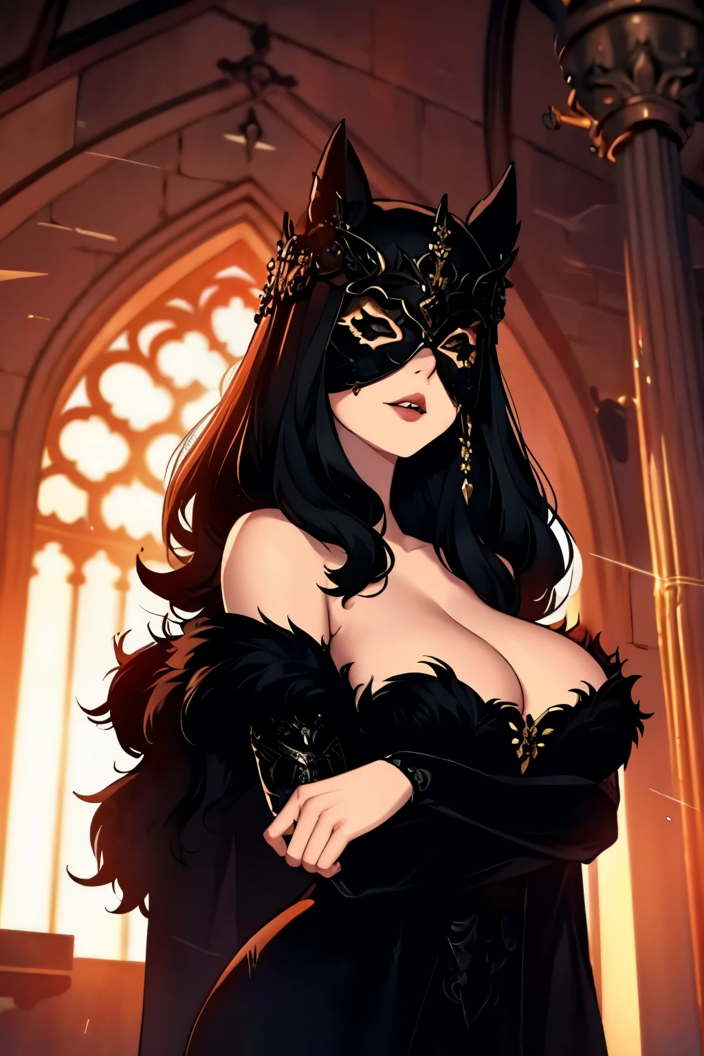The woman, by the wide, long hair, black fur, black hair, fringe, pale, Pale skin, ((black eyes, black eyes)), naked, nude, naked, Cathedral, evening, fantasy, mask, blind mask
