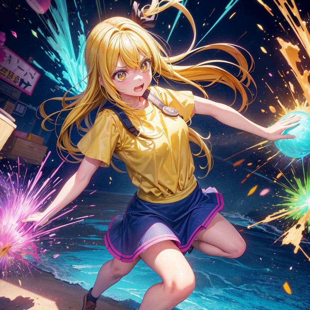Create an anime-style image of a clumsy and naturally awkward girl with bright yellow hair. She should be wearing a cute, casual yellow outfit, such as a dress or a top with a skirt. Depict her in a moment where she is tripping or stumbling, showing a panicked and embarrassed expression. Her hair is styled in a playful, slightly messy fashion. The background should be lively and fun, with bright colors and dynamic elements that emphasize her clumsiness. Add small, amusing details around her, like scattered items she has knocked over, to enhance the playful and whimsical atmosphere. Make sure the overall image is vibrant and engaging, suitable for use as a thumbnail.