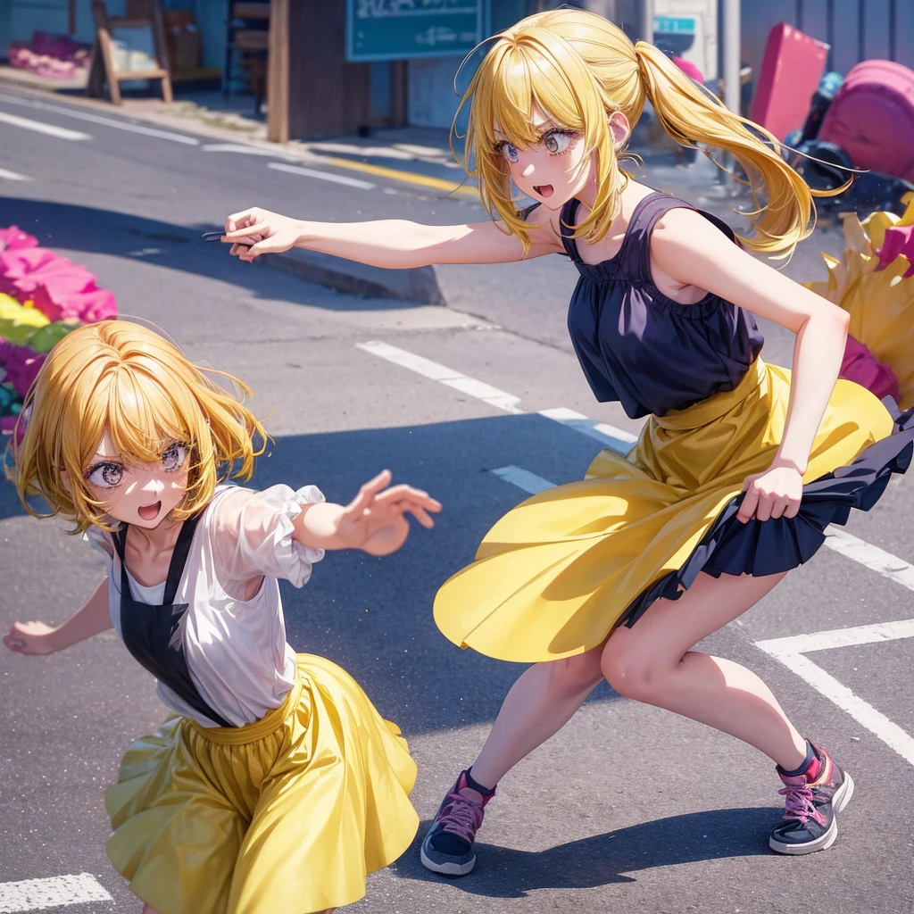 Create an anime-style image of a clumsy and naturally awkward girl with bright yellow hair. She should be wearing a cute, casual yellow outfit, such as a dress or a top with a skirt. Depict her in a moment where she is tripping or stumbling, showing a panicked and embarrassed expression. Her hair is styled in a playful, slightly messy fashion. The background should be lively and fun, with bright colors and dynamic elements that emphasize her clumsiness. Add small, amusing details around her, like scattered items she has knocked over, to enhance the playful and whimsical atmosphere. Make sure the overall image is vibrant and engaging, suitable for use as a thumbnail.