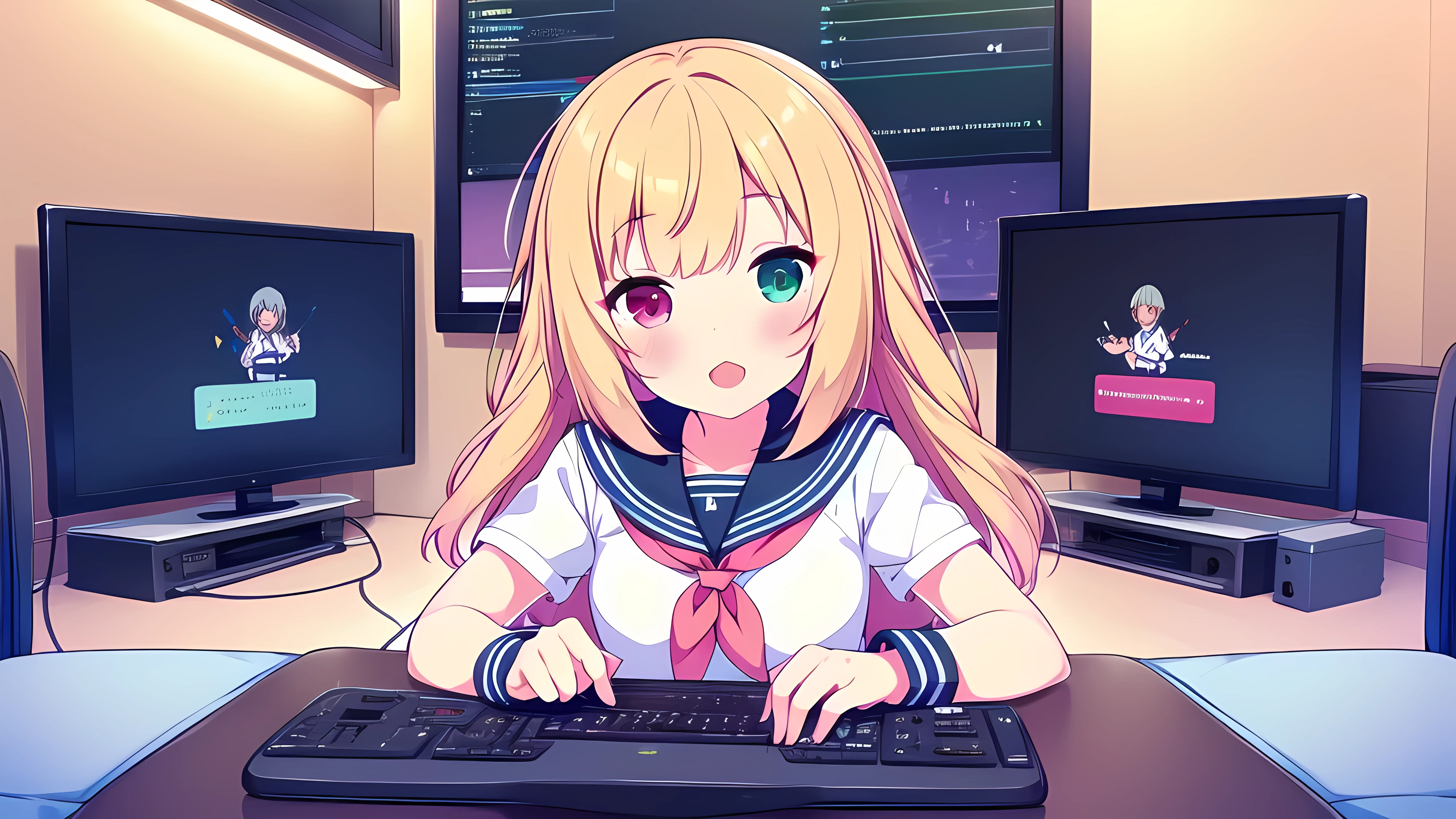 score_9, score_8_above, score_7_above, fountain_cheered up, 1 girl, Switchchan, heterochromia, sailor collar, , shirt, serafín, black thighs, Game control, holding Game control, Session, happy, television, looking at television, on one side,