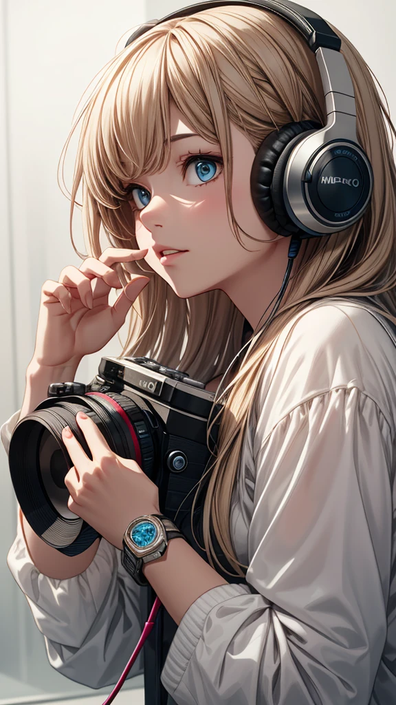 closeup of beautiful relaxed girl with headphones enjoying music, camera shot for a magazine profile