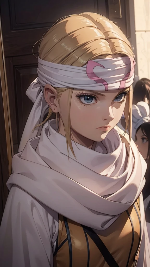 masterpiece), best quality, high resolution blonde 1girl bob cut medium hair standing alone cowl headband profile image looking at viewer beautiful eyes beautiful face extremely detailed pink clothing girly intense staring