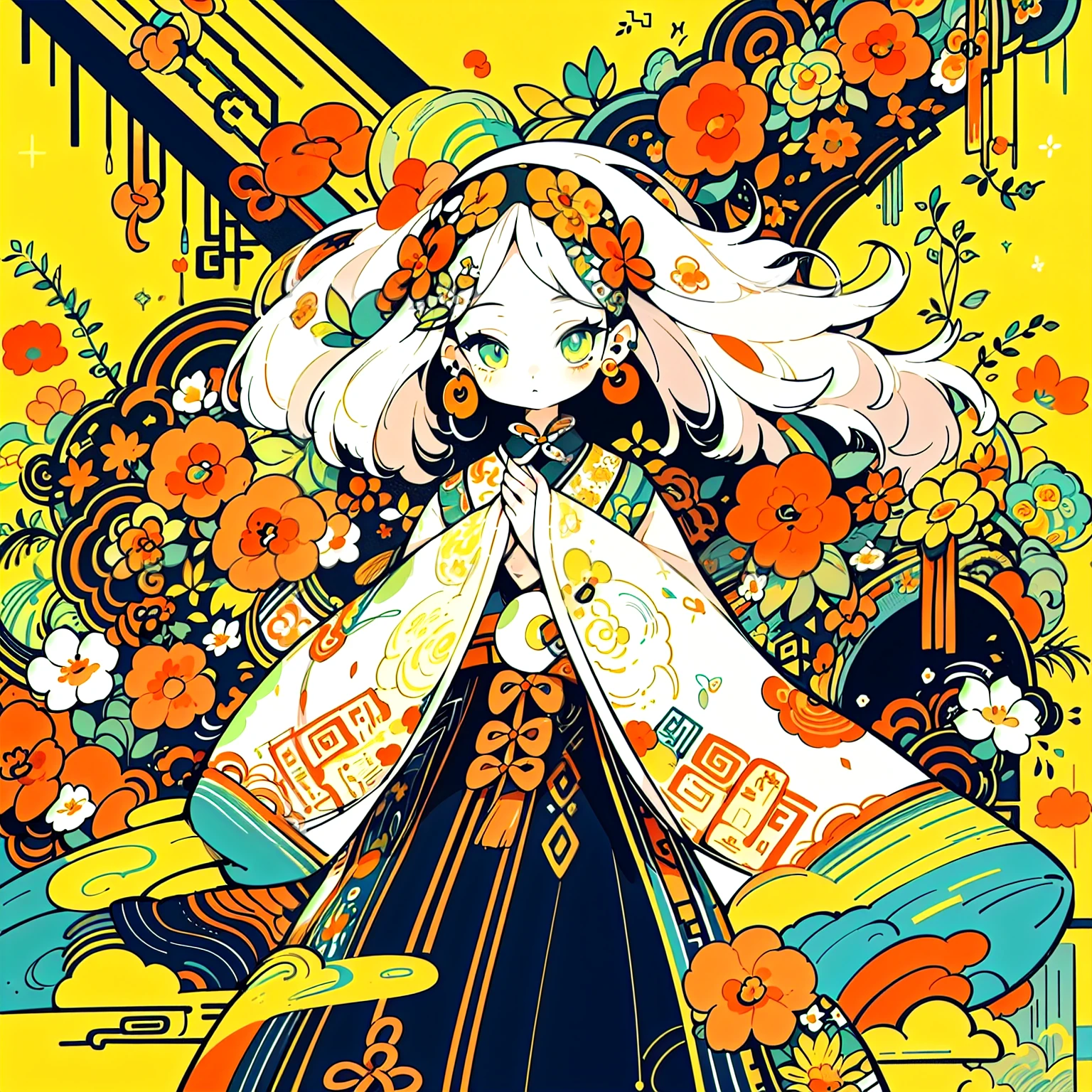 (masterpiece, Highest quality, Highest quality, Official Art, beautifully、aesthetic:1.2), (One girl:1.3), Very detailed,(Fractal Art:1.1),(colorful:1.1)(Flowers:1.3),Most detailed,(Tangled:1.2), (Dynamic pose), (Abstract background:1.3), (Chinese traditional cloth:1.2), (Glowing Skin), (Many colors:1.4), ,(Earrings:1.4),