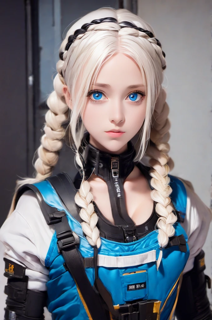 Woman with ,golden white hair,Blue eyes,,,black spacesuit