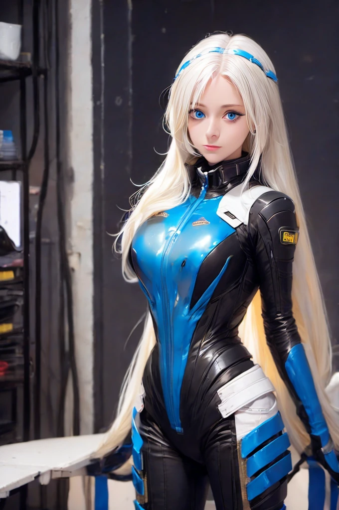 Woman with ,golden white hair,Blue eyes,,,black spacesuit