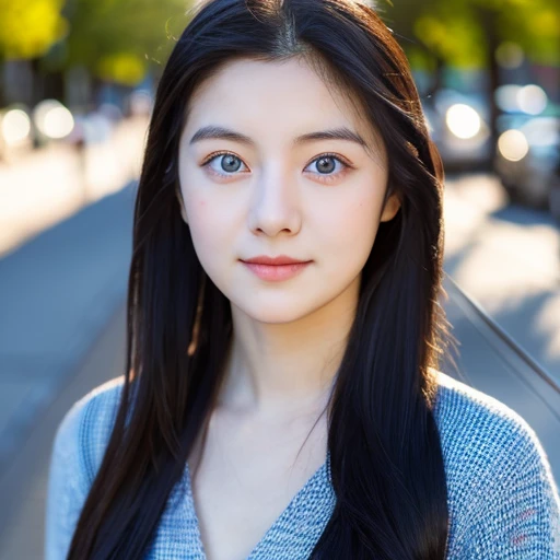 A photorealistic portrait of a 19-year-old Korean woman with long, flowing black hair, porcelain skin, and captivating blue eyes. She stands in a relaxed, natural pose on a city sidewalk, dressed in a stylish, contemporary outfit, bathed in the warm glow of the evening sun, her expression friendly and inviting, captured in stunning 8K HDR detail.