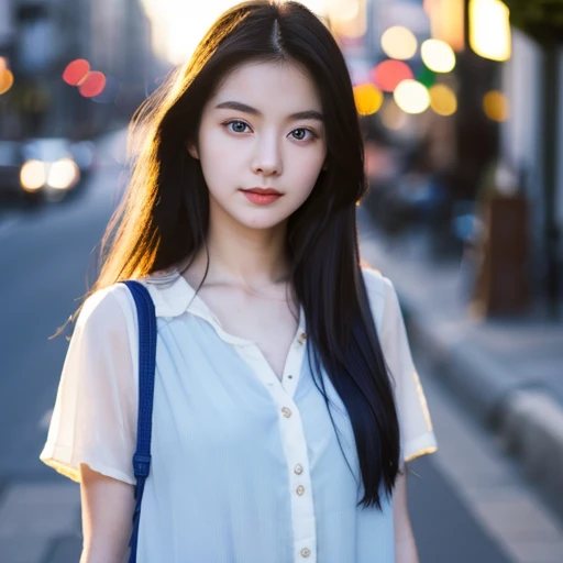 A photorealistic portrait of a 19-year-old Korean woman with long, flowing black hair, porcelain skin, and captivating blue eyes. She stands in a relaxed, natural pose on a city sidewalk, dressed in a stylish, contemporary outfit, bathed in the warm glow of the evening sun, her expression friendly and inviting, captured in stunning 8K HDR detail.